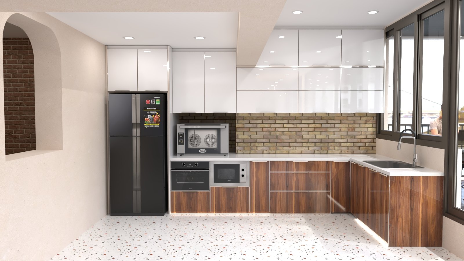 Tủ bếp chữ L hợp kim nhôm có cửa sổ TB12 1 Tủ bếp chữ L hợp kim nhôm có cửa sổ TB12