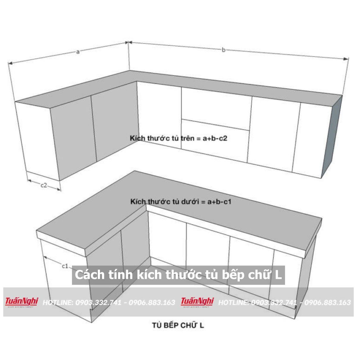 cách tính kích thước tủ bếp chữ L