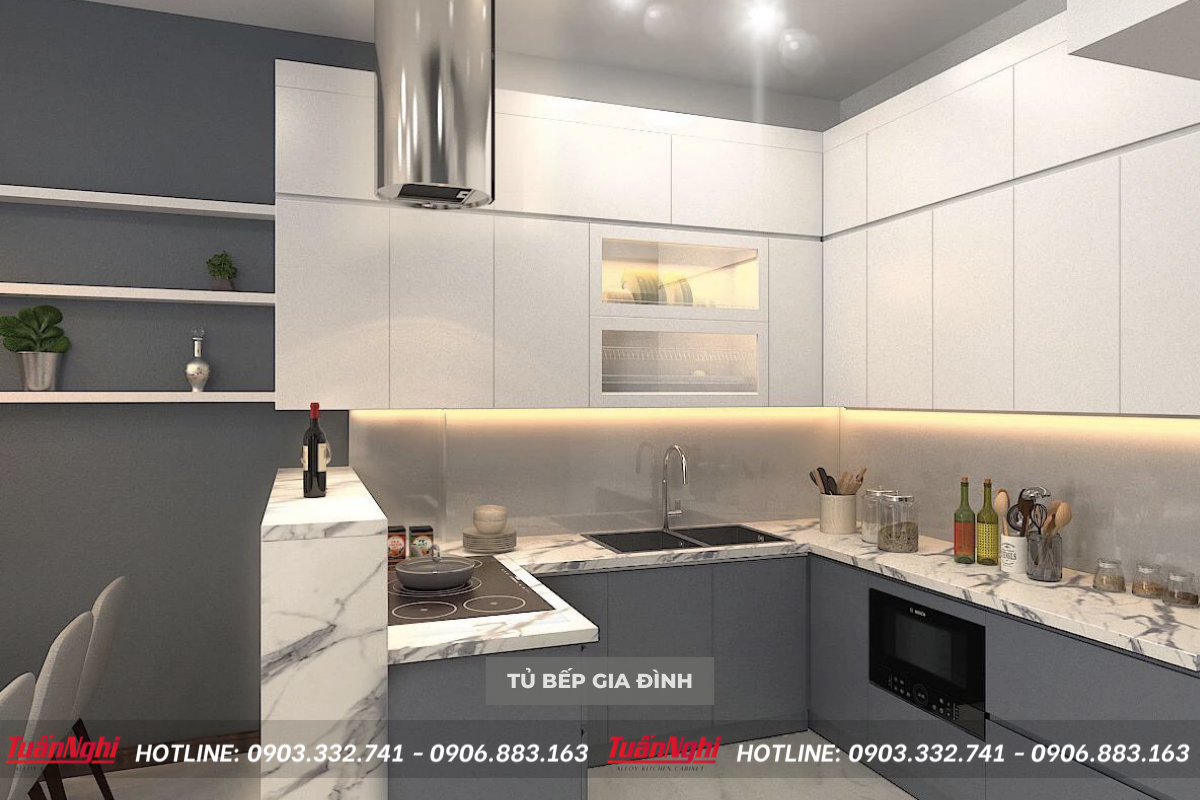 mẫu tủ bếp gia đình chữ u