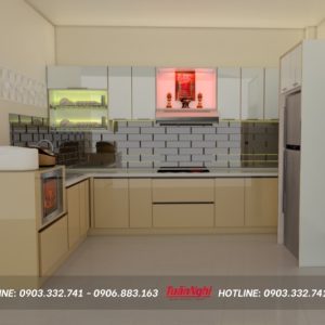 Quy trình thiết kế thi công tủ bếp chuyên nghiệp tại Tuấn Nghi 158 Tủ bếp chữ U hợp kim nhôm có bàn thờ TB67