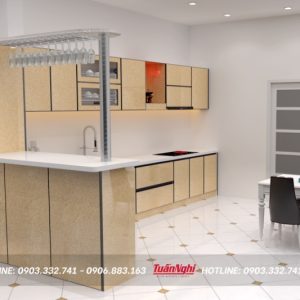 Tủ bếp chữ L hợp kim nhôm có quầy bar TB68