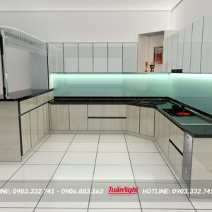 Quy trình thiết kế thi công tủ bếp chuyên nghiệp tại Tuấn Nghi 156 Tủ bếp chữ U hợp kim nhôm có bàn thờ TB69