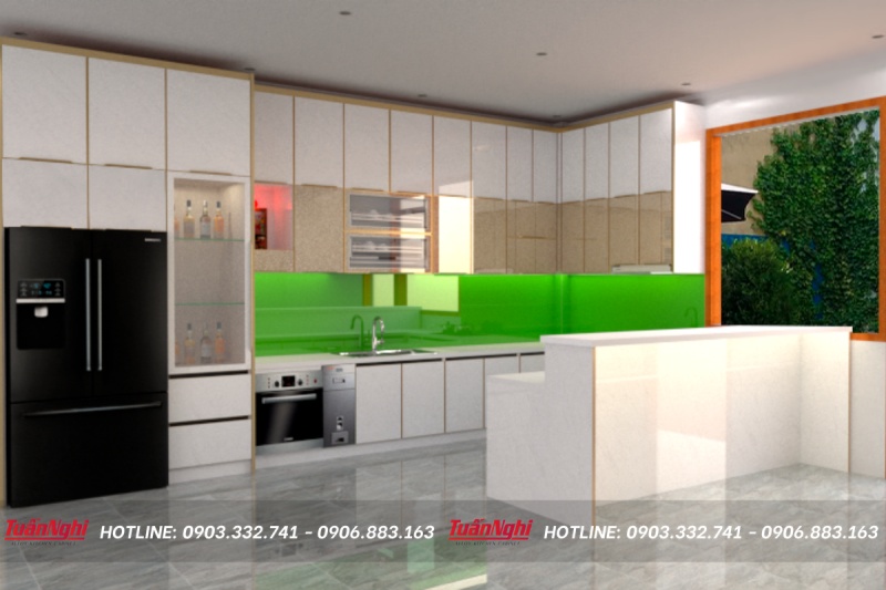 Tủ bếp chữ L hợp kim nhôm có bàn đảo TB73 1 Tủ bếp chữ L hợp kim nhôm có bàn đảo TB73