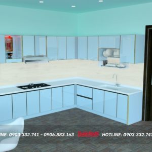 Quy trình thiết kế thi công tủ bếp chuyên nghiệp tại Tuấn Nghi 142 Tủ bếp chữ L hợp kim nhôm có bàn thờ TB83