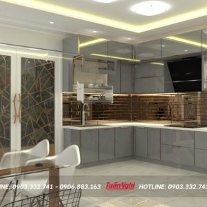Quy trình thiết kế thi công tủ bếp chuyên nghiệp tại Tuấn Nghi 135 Tủ bếp chữ L hợp kim nhôm màu xám TB90