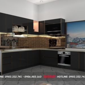 Quy trình thiết kế thi công tủ bếp chuyên nghiệp tại Tuấn Nghi 133 Tủ bếp chữ L hợp kim nhôm màu đen TB92