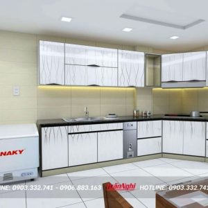 Quy trình thiết kế thi công tủ bếp chuyên nghiệp tại Tuấn Nghi 129 Tủ bếp chữ L hợp kim nhôm sọc vân TB96