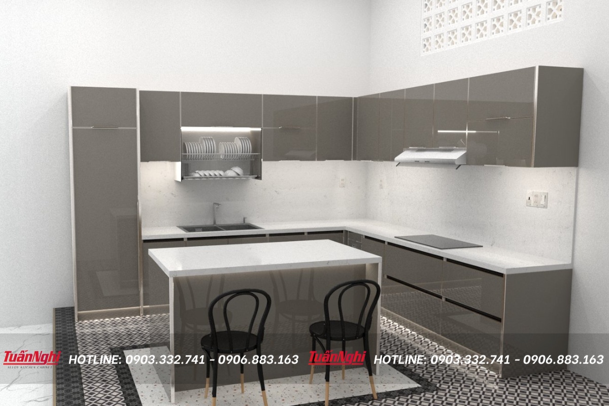 Tủ bếp chữ L hợp kim nhôm có bàn đảo TB31 1 tb31