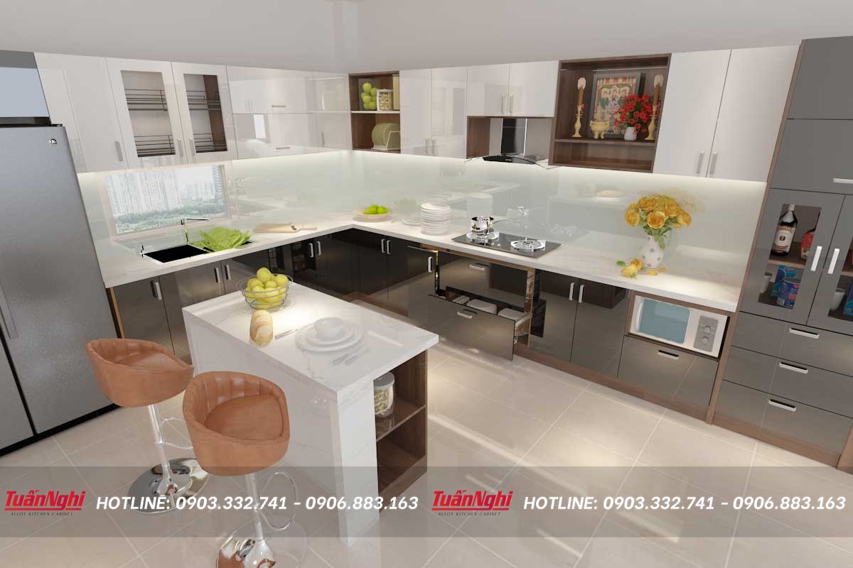 Tủ bếp chữ L hợp kim nhôm có bàn đảo TB43 1 Tủ bếp chữ L hợp kim nhôm có bàn đảo TB43