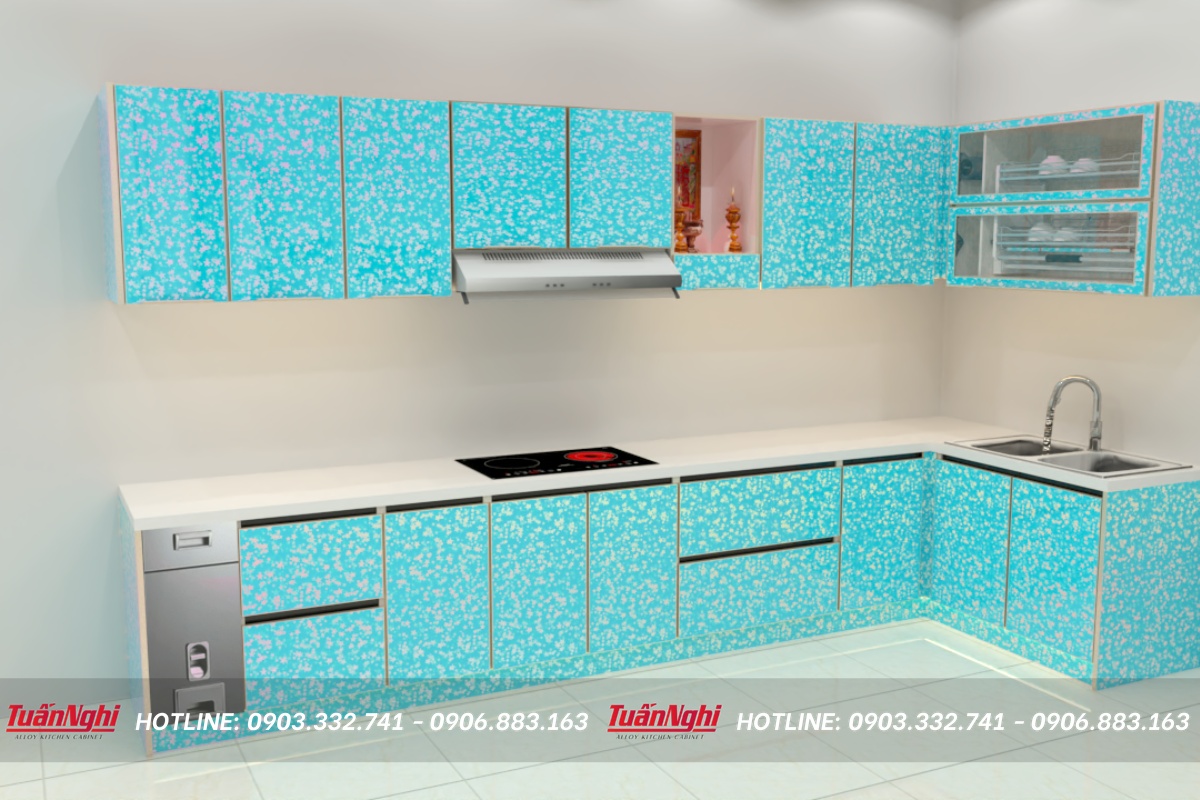 Tủ bếp chữ L hợp kim nhôm có bàn thờ TB51 1 Tủ bếp chữ L hợp kim nhôm có bàn thờ TB51