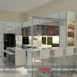 Tủ bếp chữ L hợp kim nhôm có quầy bar TB53