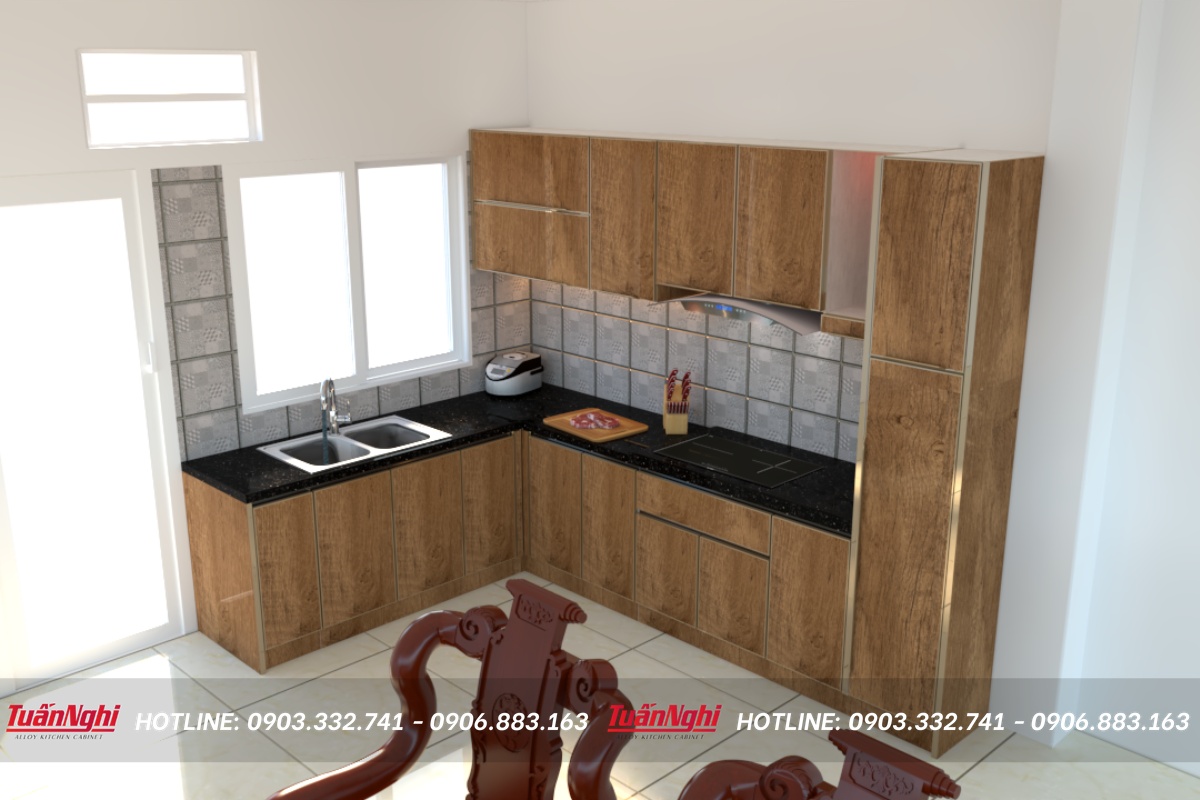 Tủ bếp chữ L hợp kim nhôm vân gỗ TB59 1 Tủ bếp chữ L hợp kim nhôm vân gỗ TB59