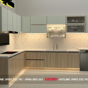 Tủ bếp chữ L hợp kim nhôm giả gỗ TB60