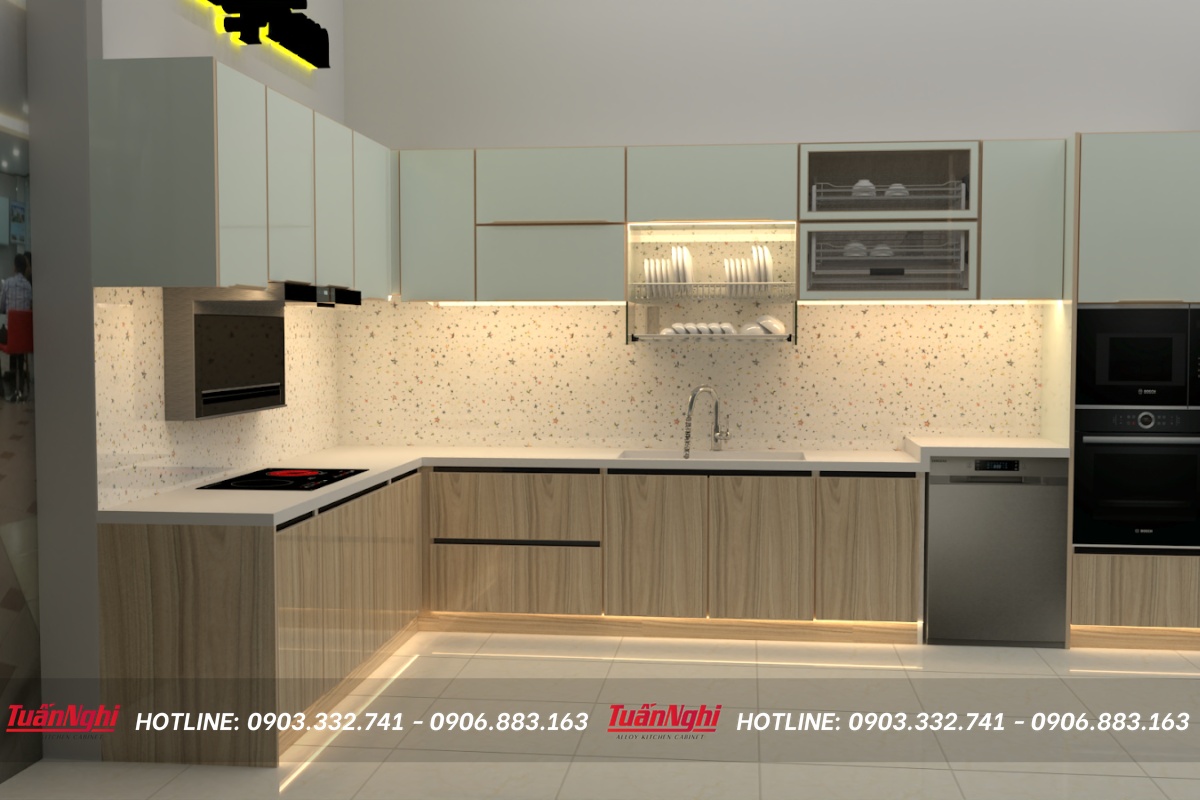 Tủ bếp chữ L hợp kim nhôm giả gỗ TB60 1 Tủ bếp chữ L hợp kim nhôm giả gỗ TB60