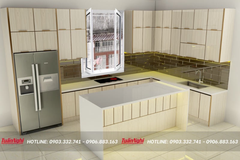 Tủ bếp chữ L hợp kim nhôm có cửa sổ TB77 1 Tủ bếp chữ L hợp kim nhôm có cửa sổ TB77