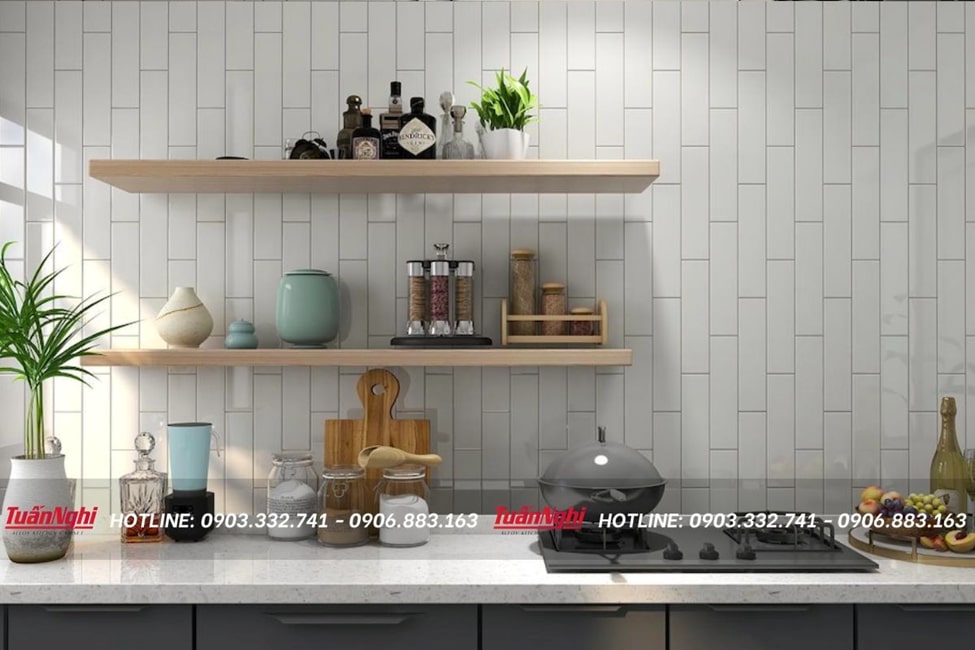 Mẫu gạch thẻ ốp bếp tông màu trắng sang trọng và tinh tế