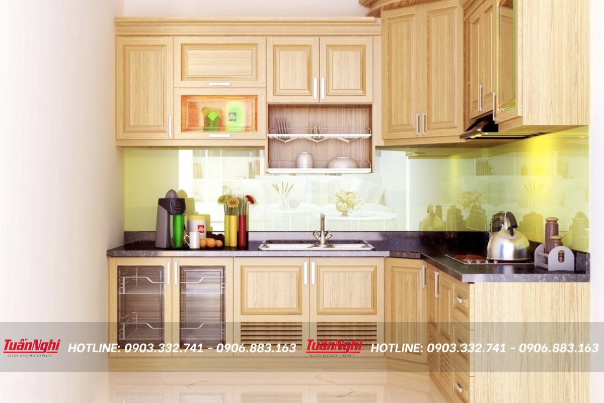 Mẫu tủ bếp góc xéo từ gỗ tự nhiên cao cấp