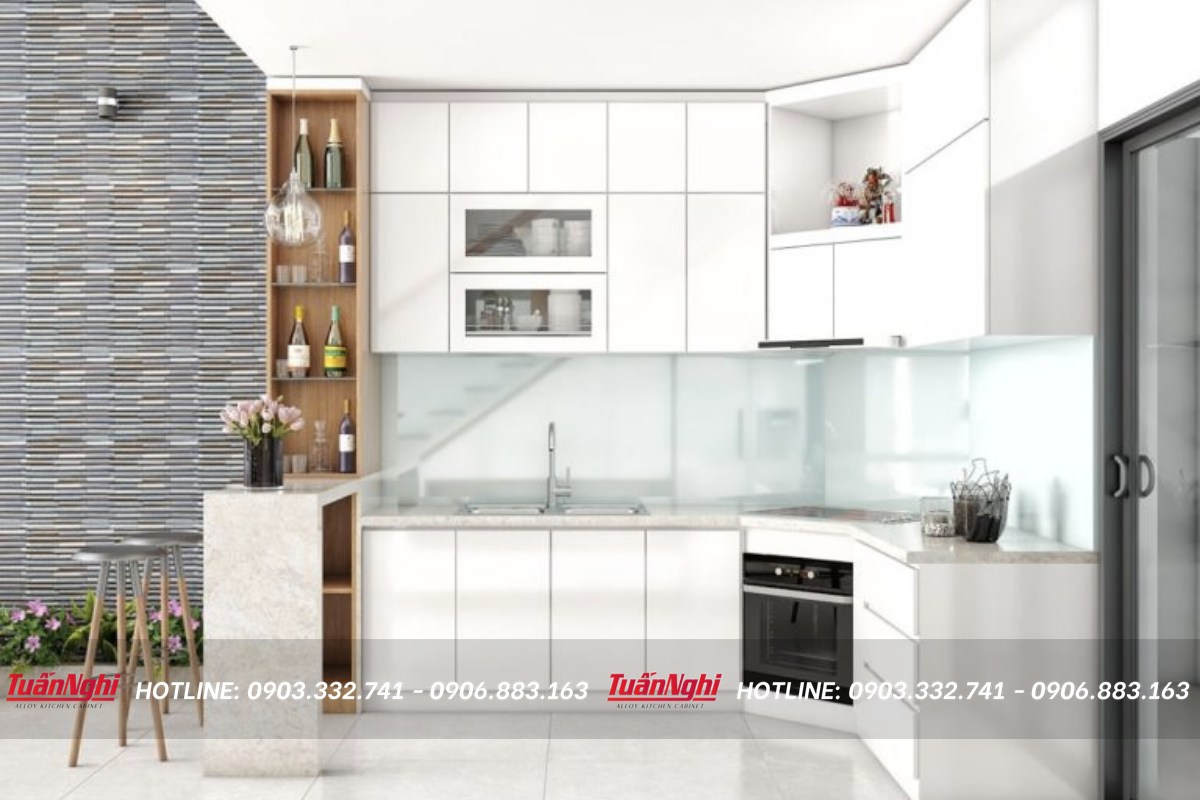 Mẫu bếp vát góc kết hợp bàn thờ ông táo