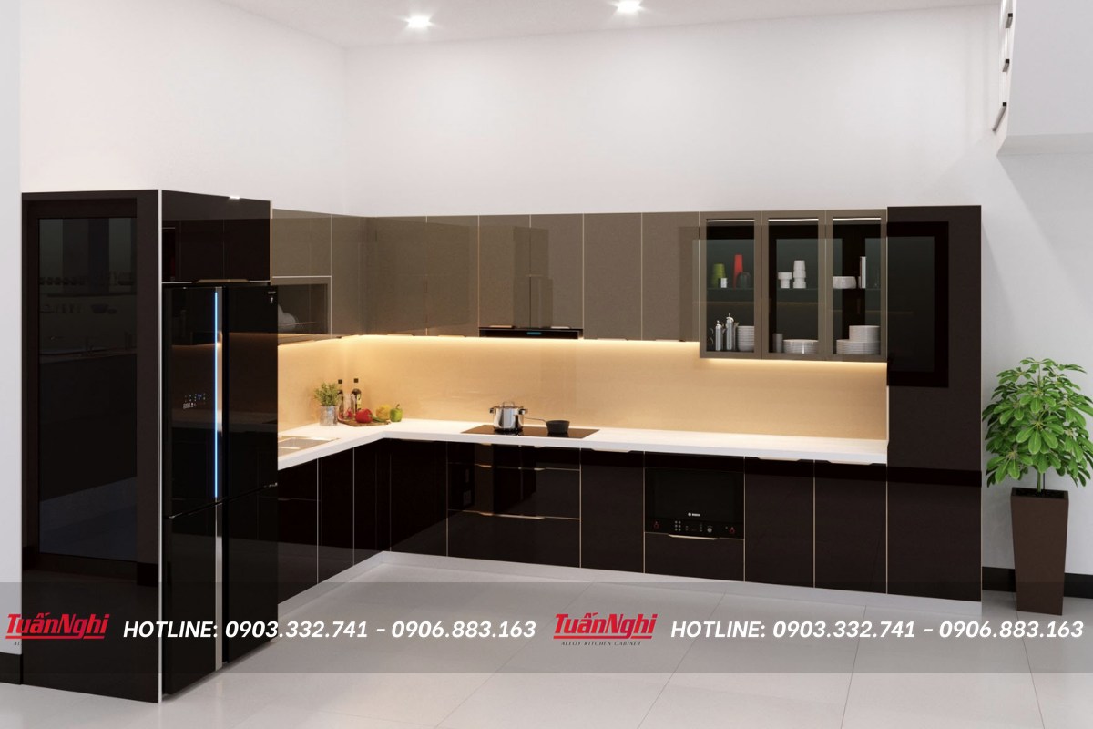 Thiết kế tủ bếp chữ L vát góc kết hợp cùng mặt bàn bếp màu trắng