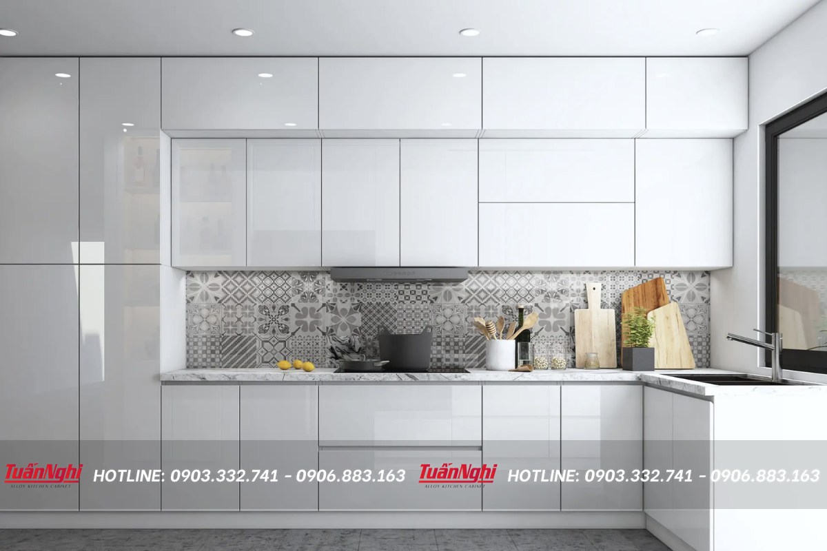 Tủ bếp vát góc tone màu trắng