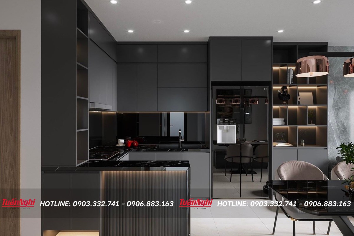 Tủ bếp gỗ tự nhiên thiết kế góc chéo