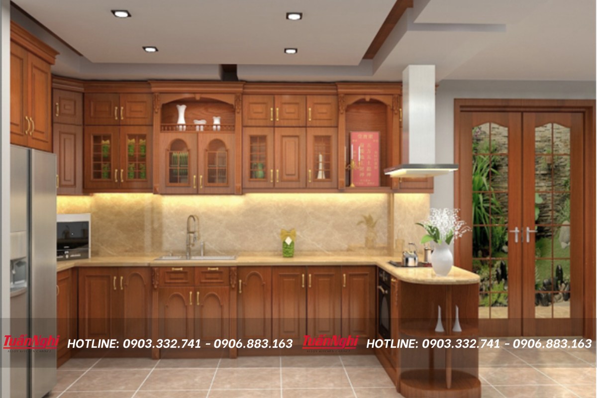 Mẫu bếp vát góc kết hợp bàn thờ ông táo