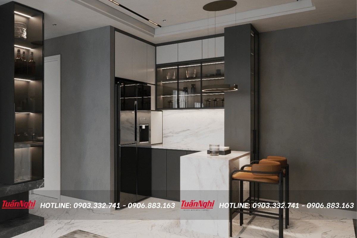 Mẫu Tủ bếp góc chéo có quầy rượu độc đáo