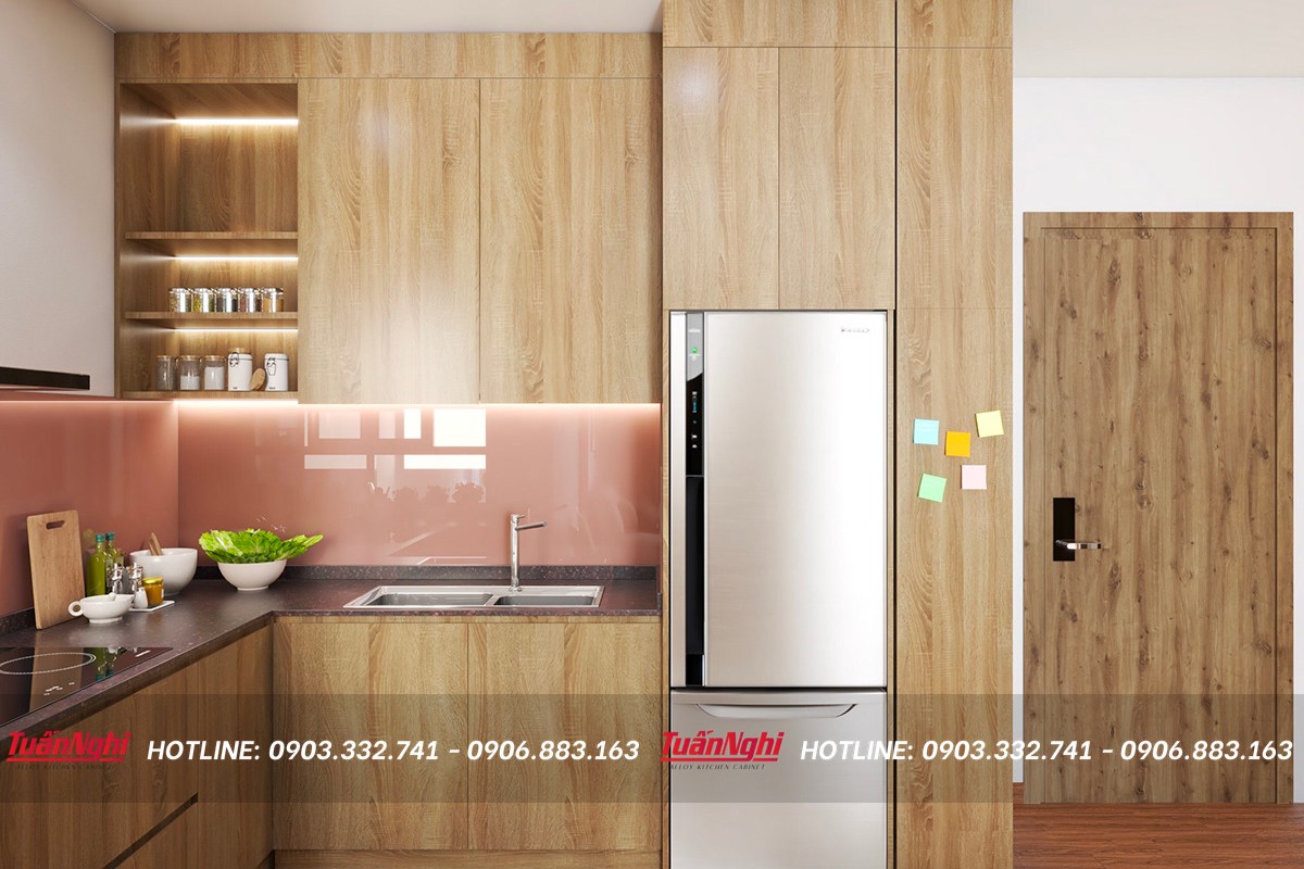 Mẫu tủ bếp góc xéo làm từ gỗ công nghiệp