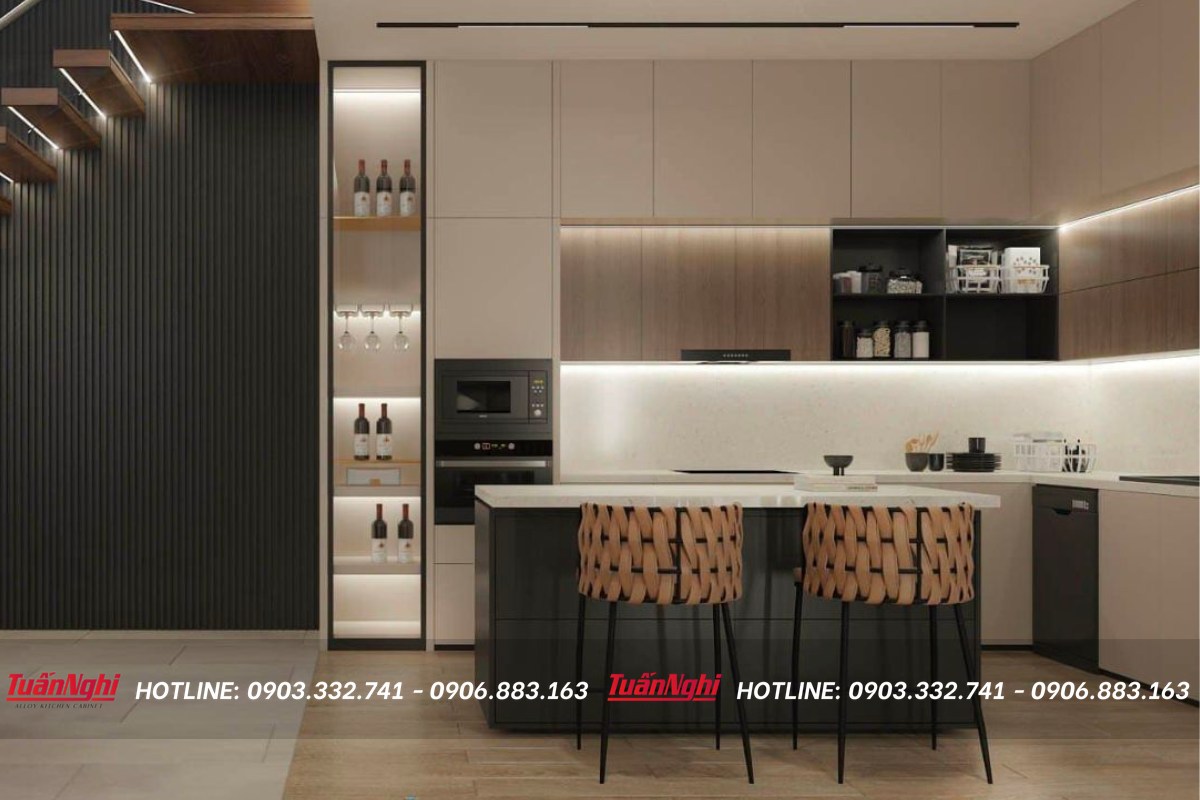 Mẫu Tủ bếp góc chéo có quầy rượu độc đáo