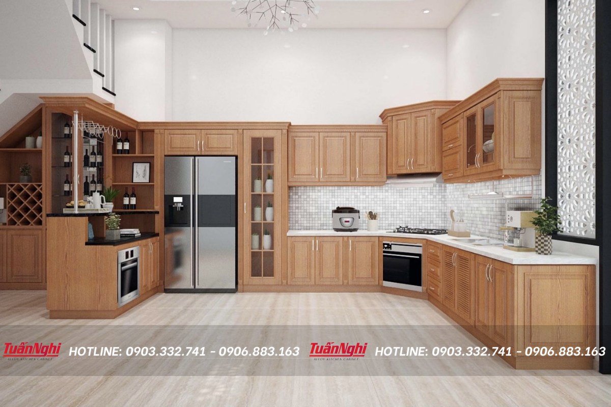 Tủ bếp góc chéo làm từ gỗ tự