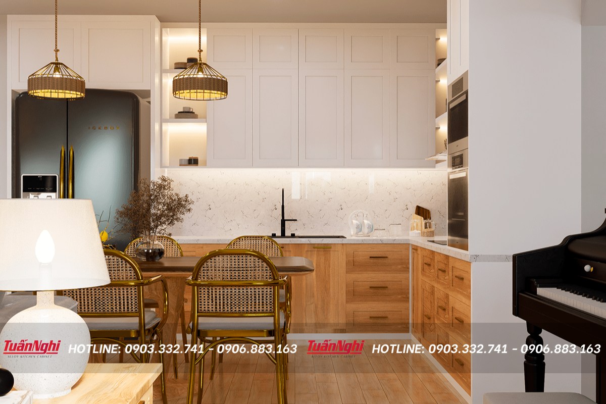 Thiết kế tủ bếp vát góc làm từ gỗ xoan