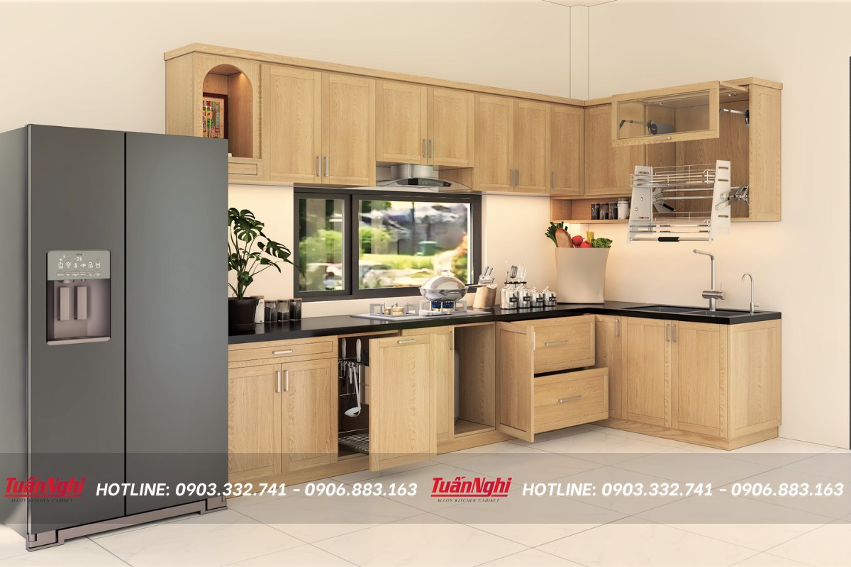 Mẫu bếp vát góc kết hợp bàn thờ ông táo