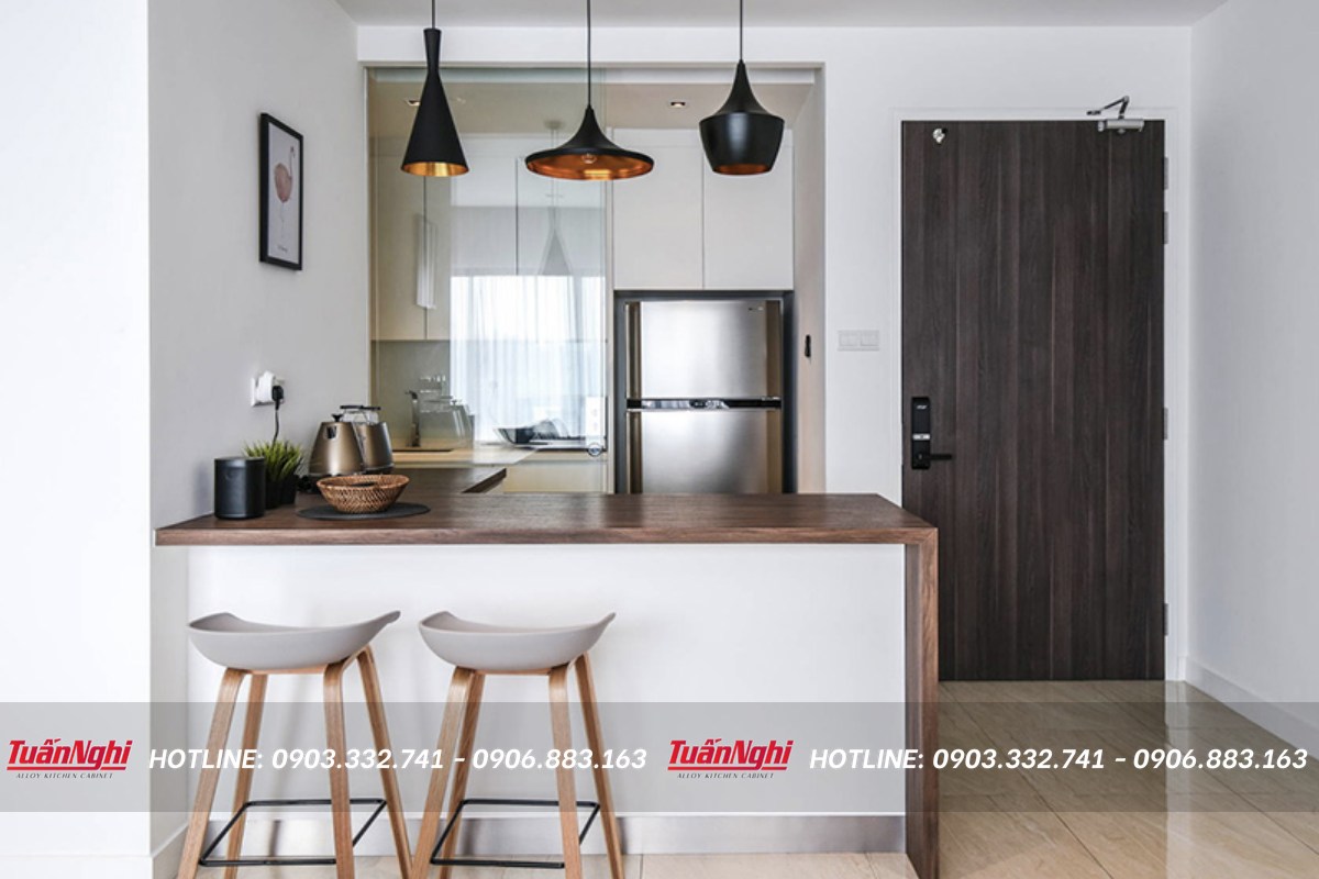 Mẫu Tủ bếp góc chéo có quầy rượu độc đáo