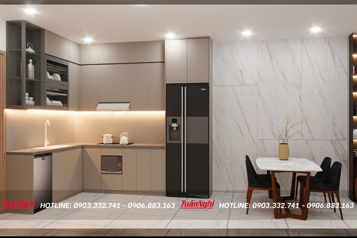 Thiết kế tủ bếp chéo góc tone màu nâu sáng