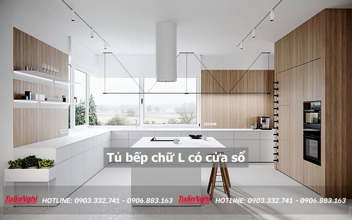 mẫu tủ bếp chữ L có cửa sổ