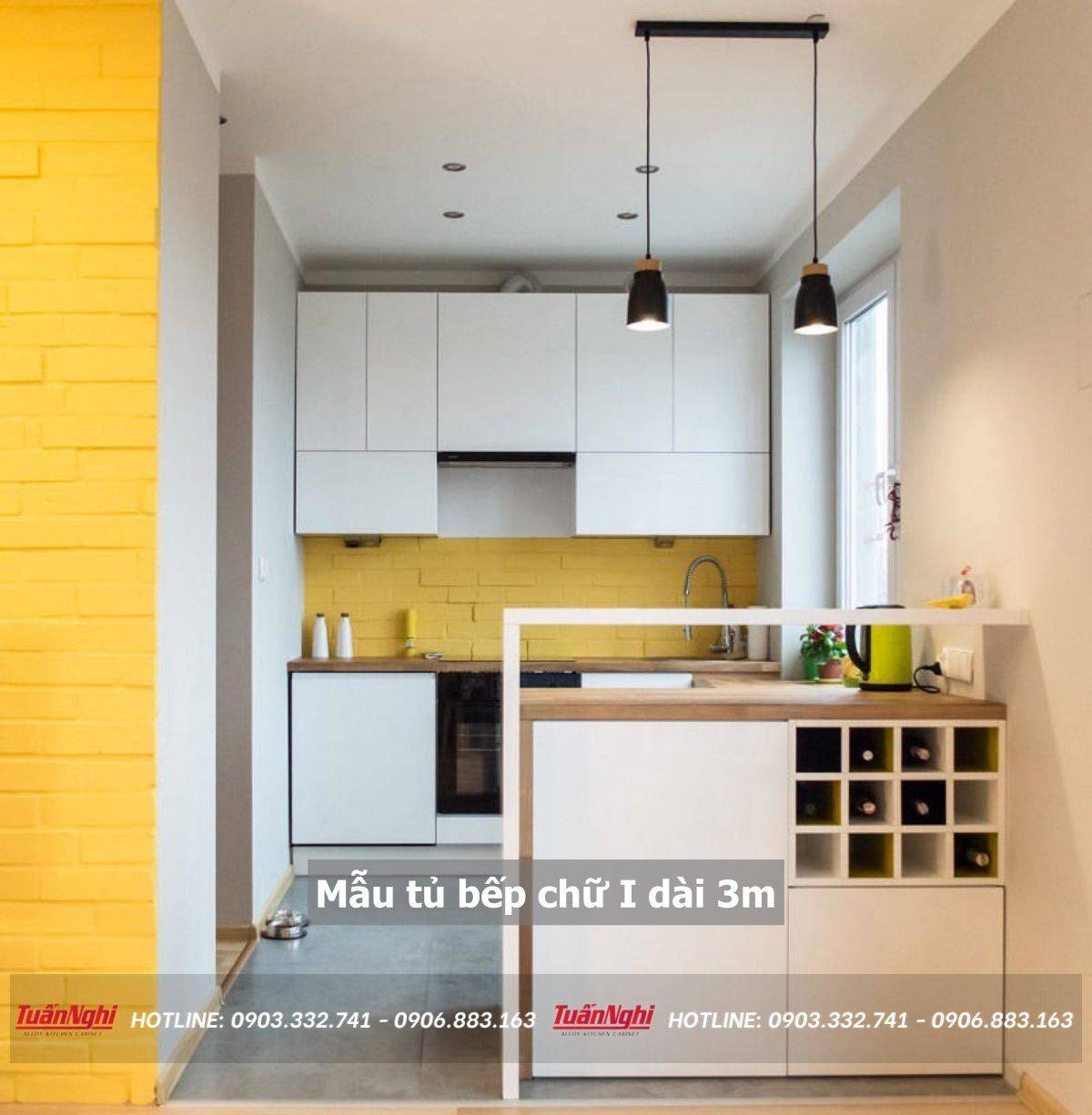 mẫu tủ bếp chữ i dài 3m