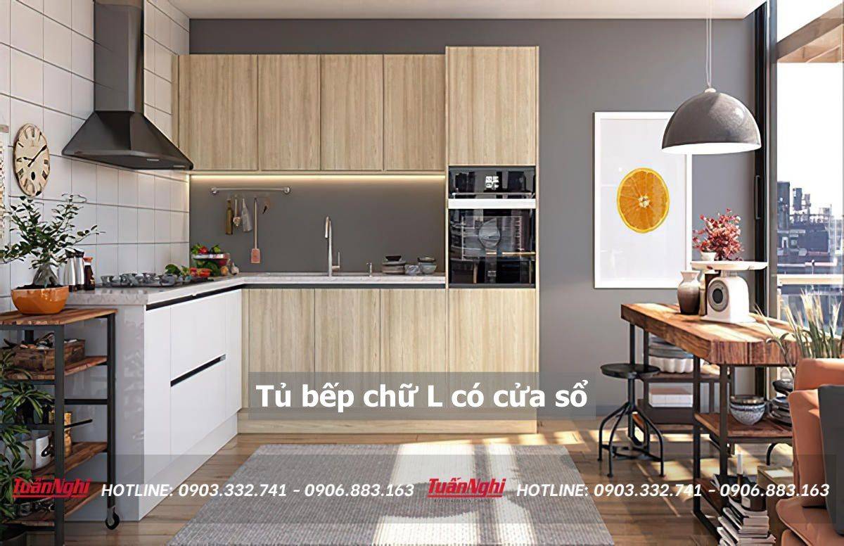 mẫu tủ bếp chữ L có cửa sổ