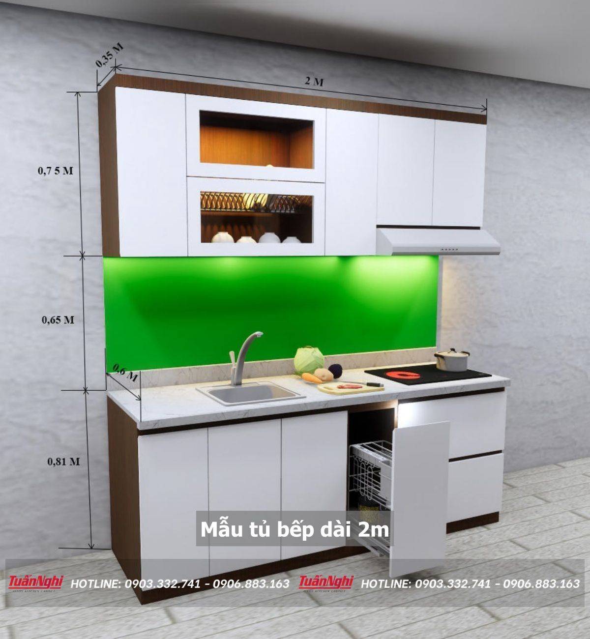 mẫu tủ bếp dài 2m