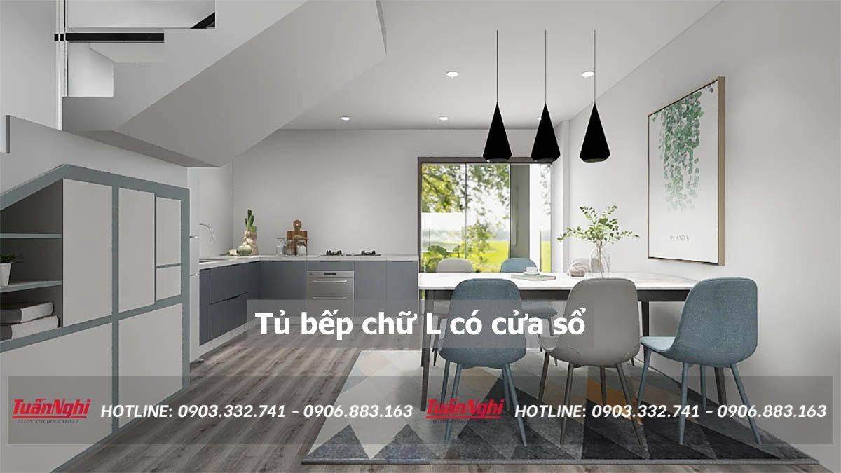 mẫu tủ bếp chữ L có cửa sổ