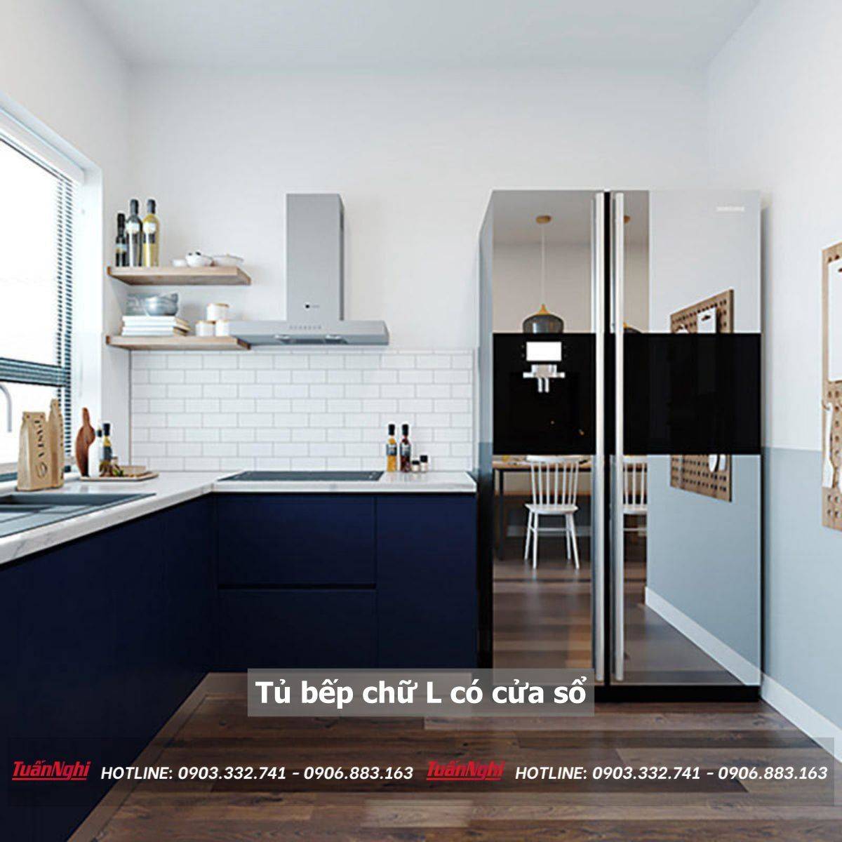 mẫu tủ bếp chữ L có cửa sổ